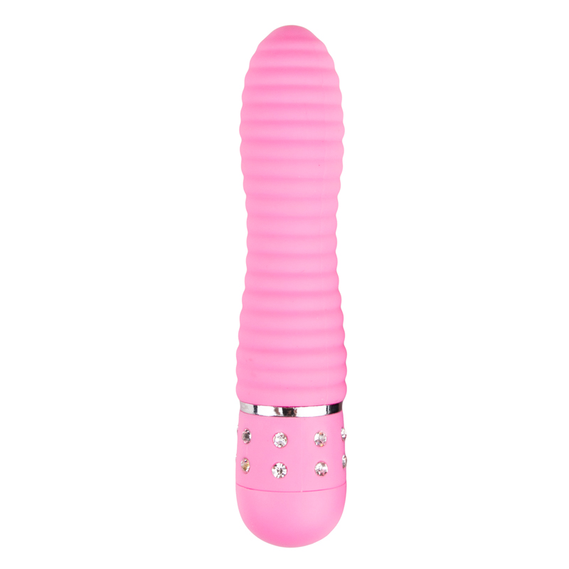 Roze geribbelde mini vibrator met diamantjes